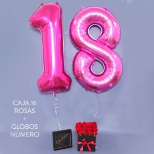 Combo caja 16 rosas + globos números