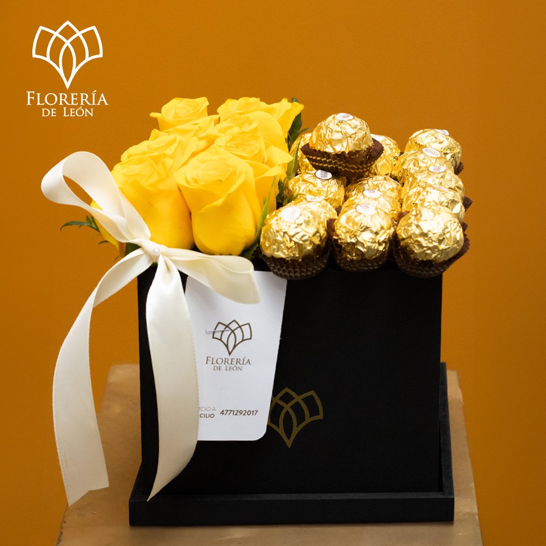 caja rosas amarillas y chocolates
