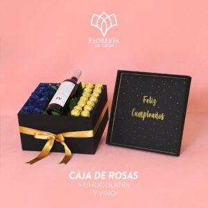 Caja con Rosas, Chocolate y Vino