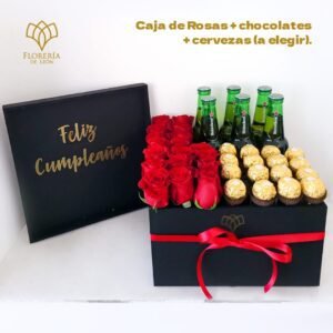 Caja 18 rosas con chocolates y cervezas
