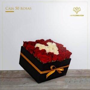 Caja 50 rosas corazón blanco