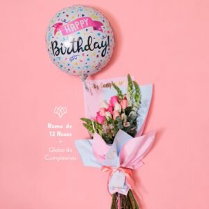 Combo 3 (Ramo 12 rosas pasteles + globo de cumpleaños)