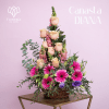 arreglo en canasta con rosas, lisianthus y gerbera
