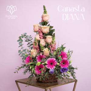 arreglo en canasta con rosas, lisianthus y gerbera